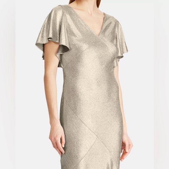 Lauren Ralph Lauren Champagne Silver Flutter-Sleeve Shimmer Dress - Picture 3 of 7